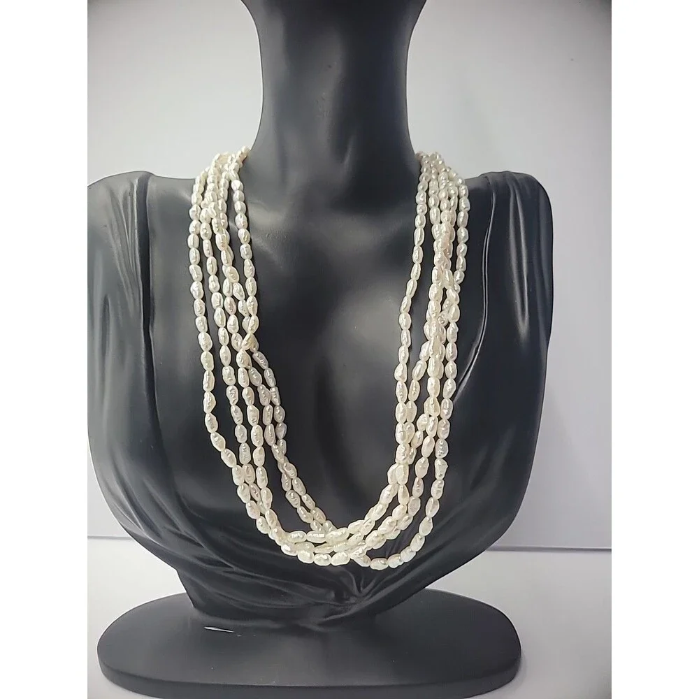 Vintage Necklace Multi Strand Beaded Gold Tone‎ White Bead Slide Clasp Jewelry